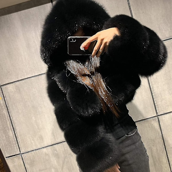 Faux Fur Pels Dame med Hætte Cropped Bubble Frakker Fleece Kort Varm Jakker Plus Size Vinterfrakker til Kvinder-Xin Black Medium
