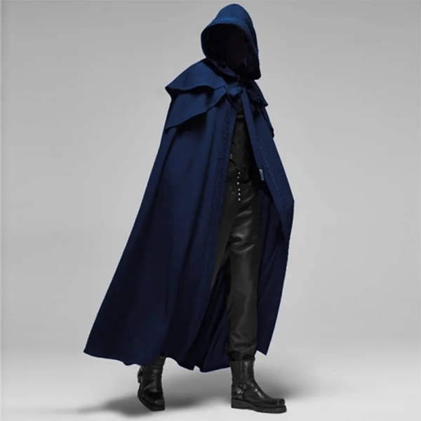 Middelaldersk Vintage Hette Løs Svart Kapper Vindtett Trench Chic Vinter Lang Cape Poncho Gotisk Menn Munk Cosplay Blå-Xin Blue XL
