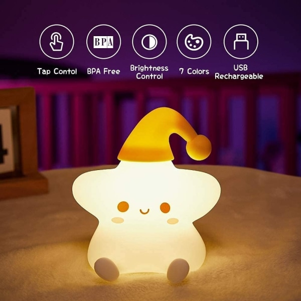 Star nattlampa för barns sovrum, drivs av ett mjukt silikonbatteri, sött färgskiftande ljus-Xin