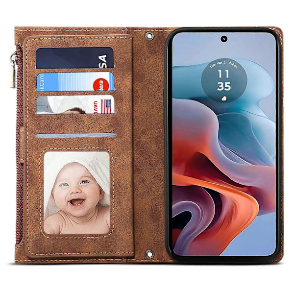 til Motorola Edge 50 Neo 5G Etui Lynlås Pung Læder Støtteben Telefon Cover-Xin Brown