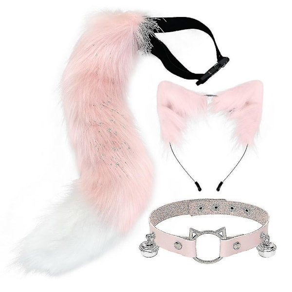 Mjuk kattöron räv svans klocka krage halsband set Halloween fest accessoarer Lolita simulering lurvig plysch huvudbonad rollspel rekvisita-Xin Pink