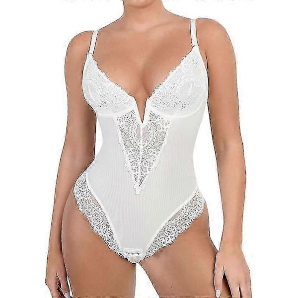 Popilush Spets Shapewear Bodysuit Dam V-ringning Mage Kroppsdräkt Stringtrosor-Xin White S