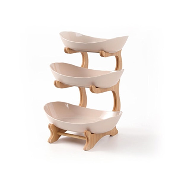 Keraamiset hedelmäkulhot - 2/3-kerroksinen soikea tarjoilukulhosetti bambutelineellä (, Beis, )-xindaren beige