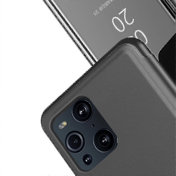 Belagt Spejl Overflade Visningsvindue Læder Telefon Cover Stativ til Oppo Find X3/x3 Pro - Sort-Xin Dark Blue