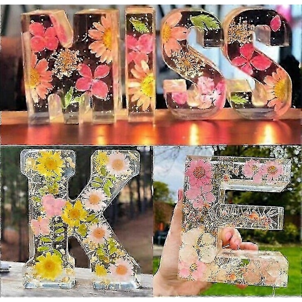 Pressede Blomster Resin Bogstaver med LED Lys, Floral Resin Natlampe 26 Bogstavsvalg, 50% Tilbud - Xin A