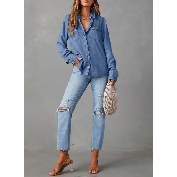 Dame Skjorte med Knapper i Denim, Casual Langermet V-Hals Chambray Bluse Topp - Xin Sky Blue Small