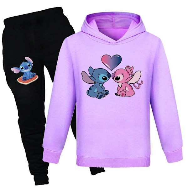 Barn Lilo & Stitch Hoodie Sweatshirt Byxor Set Pojkar Flickor Casual Hooded Tracksuit Lila-Xin Purple 160cm