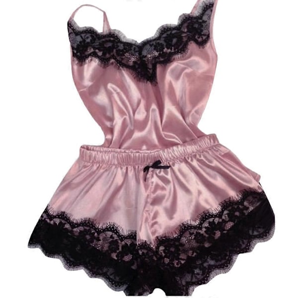 Dam Spets Siden Satin Cami Linne Shorts Pyjamas Set Sexiga Underkläder Nattkläder Sovkläder-Xin Pale Pinkish Gray XL