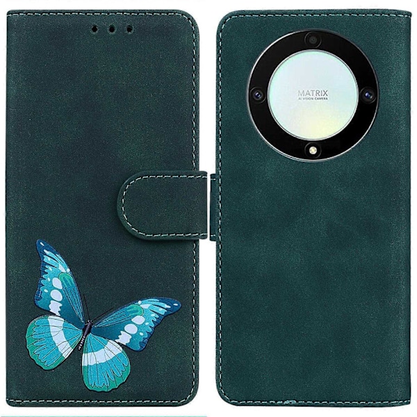 för Honor Magic 5 Lite 5G / X40 5G/X9a 5G Fjärilstryck Fullt Skydd Läder Plånbok Ställ Telefonfodral-Xin Green