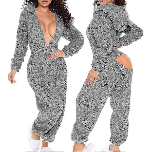 Sexiga Vuxna En-Delade Pyjamas Dam Hip Flap Ull Huvad En-Delade Pyjamas Dam Fluffiga Pyjamas-Xin Gray X-Large