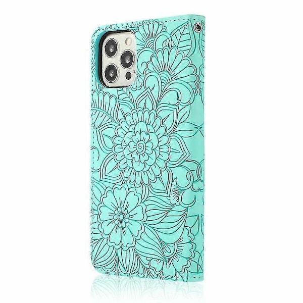 Kompatibel med Iphone 12 Skin Feel Preget Solsikke Horisontal Flip Lærveske med Holder & Kortspor & Lommebok & Lanyard-xindaren Green