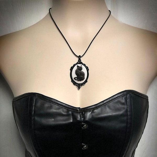 Gotisk Oval-Ram Hängsmycke Halsband Unikt Svart Katt Kameo Halsband-Mystisk-Xin Silver