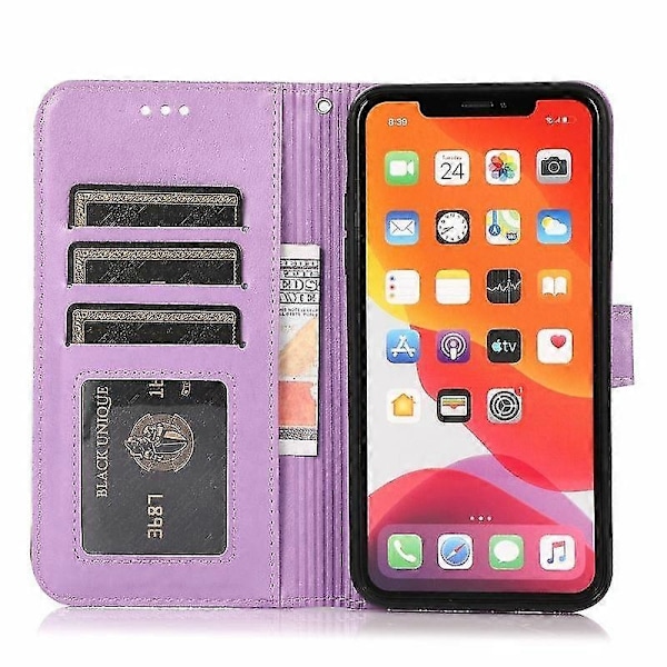 Kompatibel med Iphone 12 Skin Feel Præget Solsikke Horisontal Flip Læderetui med Holder & Kortpladser & Pung & Lanyard-xindaren Purple
