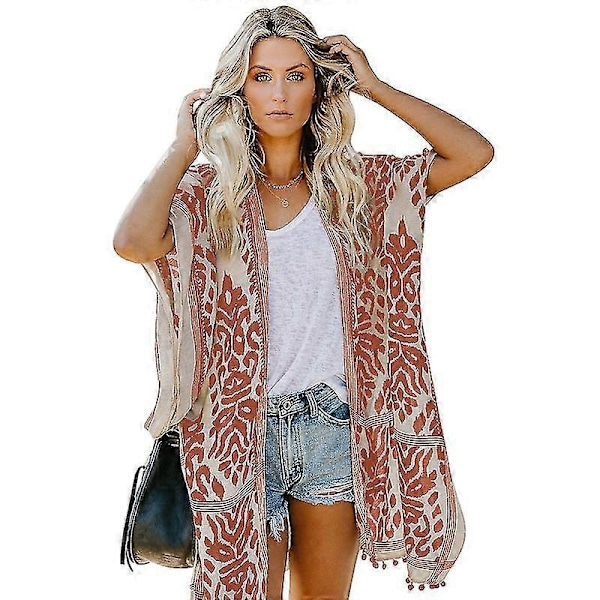 Dame Strand Hawaiiansk Ferie Lang Kimono Cardigans Badedragter Cover Ups-xindaren Orange