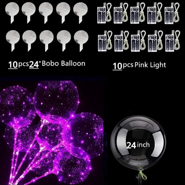 10 kpl Uudet 20\" LED-ilmapallot Läpinäkyvät Helium Bobo -ilmapallot, Hohtavat Bobo-ilmapallot Valonauhoilla Ystävänpäivään Halloweeniin Jouluun Pin-Xin pink 10 Packs