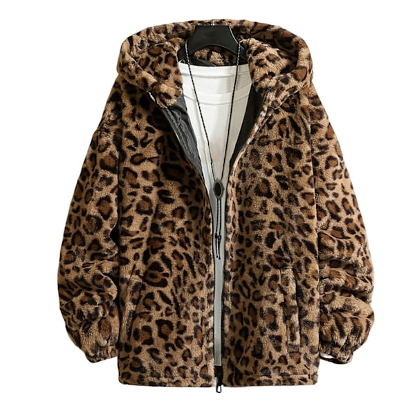 Leopard Print Langærmet Lomme Lynlås Lukning Herrejakke Vinter Fortykkede Dobbeltsidet Plys Hættejakke-Xin 2XL