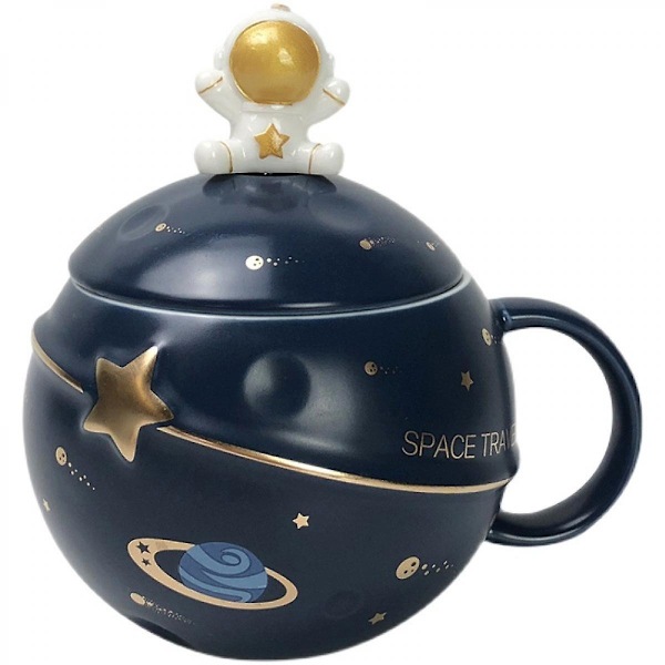 SSRGV Astronaut Kopp Rymd Präglad Planet Kopp, Söt Keramisk Kaffekopp, Nyhet Kopp med Lock och Sked för Kaffe, Te, Mjölk (Mörkblå)-Xin