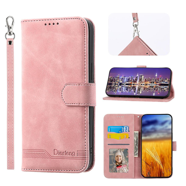 iPhone 12 Fodral, Läderplånboksfodral (med axelrem) - Xin Pink