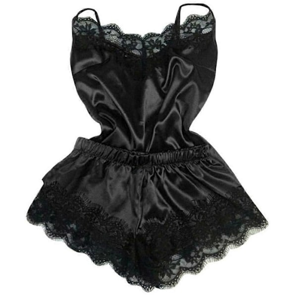 Dam Spets Siden Satin Cami Linne Shorts Pyjamas Set Sexiga Underkläder Nattkläder Sovkläder-Xin Black 3XL