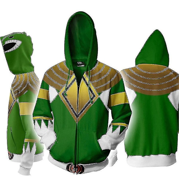 Power Rangers Sweatshirt med Blixtlås, 3D-tryckt Huvtröja, Cosplay-Kostym, Unisex-Xin Green XL