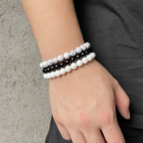 8mm Naturlig Stein Armbånd Sett Menn Kvinner Rose Rhodonite Kvarts Svart Onyx Stackable Håndled Perler Mala Charm Armbånd 3PCS (Hvit)-Xin