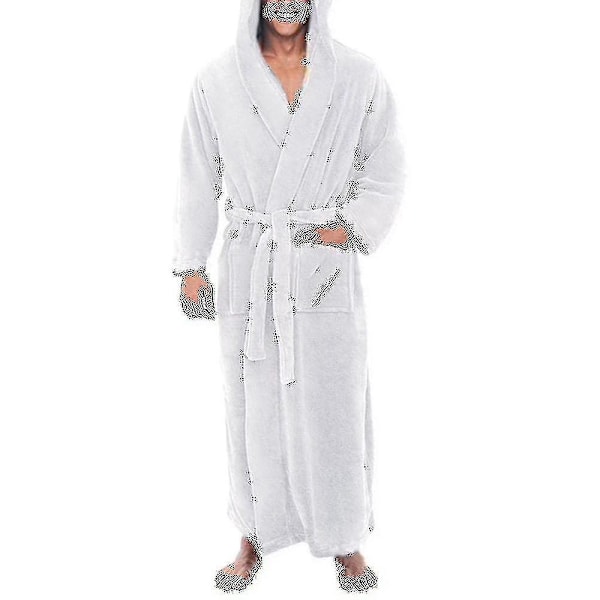 Menn Fleece Hettelang Myk Badekåpe - Xin White L