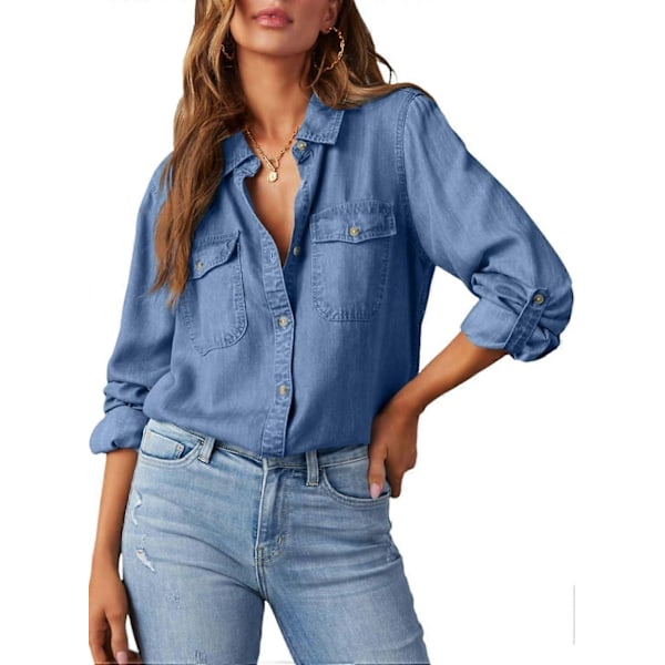 Dam Denimskjorta med Knappar Ledig Långärmad V-ringad Chambray Blus Topp-Xin Sky Blue Medium