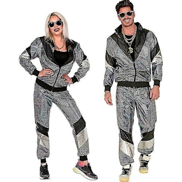 Mænd Kvinder 80'er 90'er Hip Hop Windbreaker Disco Jakke Bukser Retro Træningssæt-Xin Silvery White XL