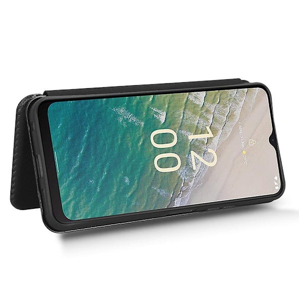 Nokia C32 PU-nahkainen hiilikuitukuvioinen suojakuori korttipidikkeellä ja jalustalla - Xin Black