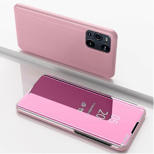 Belagt Spejl Overflade Visningsvindue Læder Telefon Cover Stativ til Oppo Find X3/x3 Pro - Sort-Xin Rose Gold