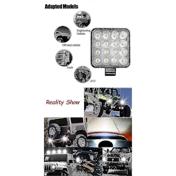 4 X 48w LED Arbeidslys, Firkantet Spotlight 12v 24v Langtrekkende LED Frontlykt Ip67 Spot Flood Ryggelys for Bil Lastebil Traktor SUV Båt (4 stk.)-Xin