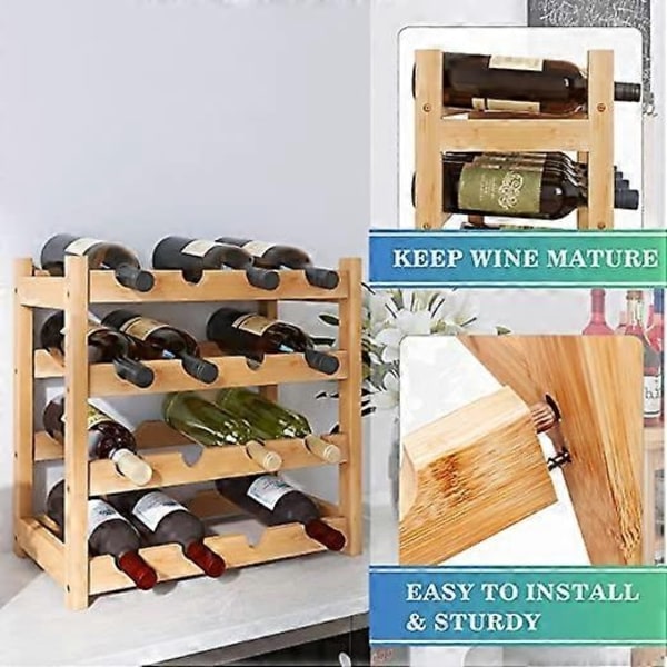 Bambusvinställ, 16 Flaskor Displayställ, 4-lagers Fristående Förvaringsställ för Kök, Pantry, Vinkällare, Bar - Xin 4-Tier