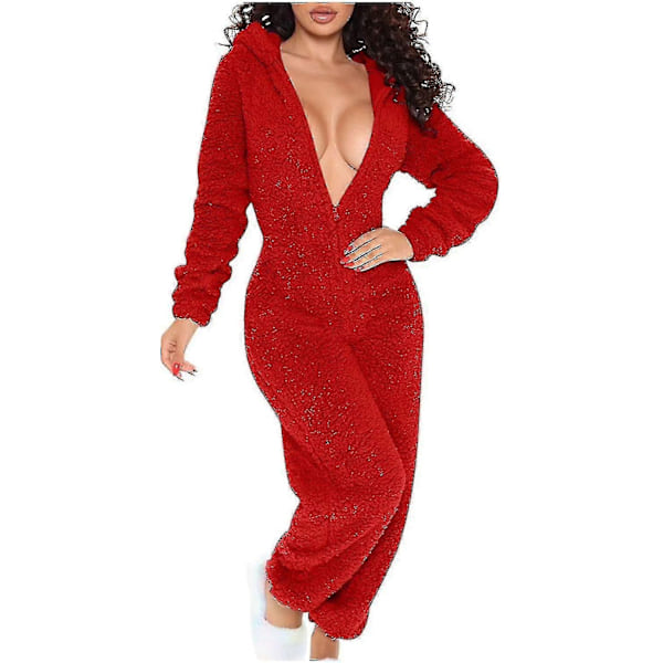 Sexiga Vuxna En-Delade Pyjamas Dam Hip Flap Ull Huvad En-Delade Pyjamas Dam Fluffiga Pyjamas-Xin Red XX-Large