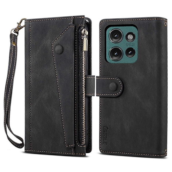 til Motorola Edge 50 Neo 5G Etui Lynlås Pung Læder Støtteben Telefon Cover-Xin Black