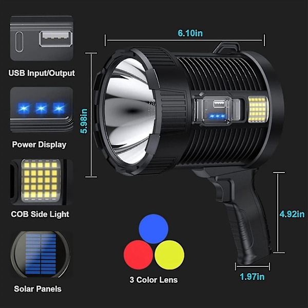 Laderbar Spotlight, 100000 Lumen LED-lys, Håndholdt Lommelykt Super Utendørs Solcelle Spotlight TAO-Xin