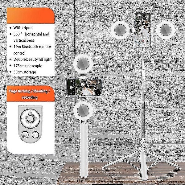 R17ds 1,75 m kannettava Bluetooth selfiekeppi sisäänvedettävä kolmijalka puhelinjalusta kaksoistäyttövaloilla 360 astetta pyörivä valokuvaus suoratoisto -Xin White