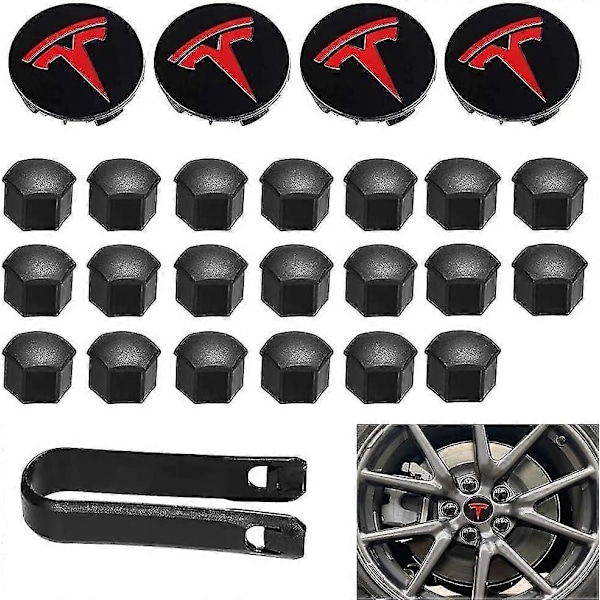 Aero Hjulkoppsett, hjulmutterdeksler Model 3 Hjulkoppsett med Tesla Logo Nav Senterdeksel Mutterdeksler for Tesla Model 3 Model Y (svart)-Xin Red
