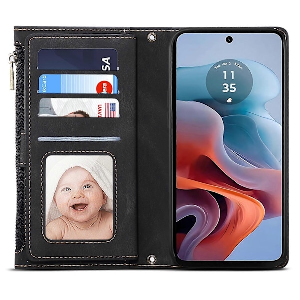 til Motorola Edge 50 Neo 5G Etui Lynlås Pung Læder Støtteben Telefon Cover-Xin Black