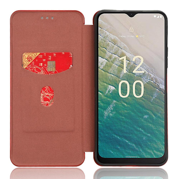 Nokia C32 PU-nahkainen hiilikuitukuvioinen suojakuori korttipidikkeellä ja jalustalla - Xin Brown