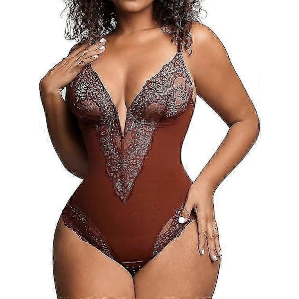Popilush Spets Shapewear Bodysuit Dam V-ringning Mage Kroppsdräkt Stringtrosor-Xin Coffee M