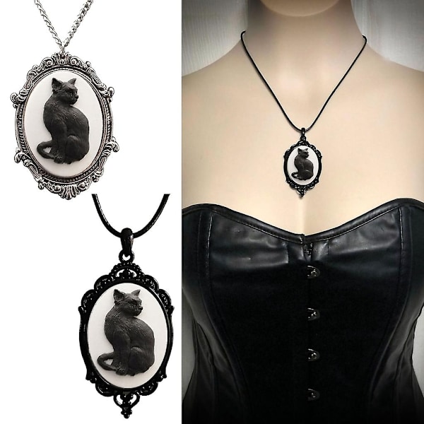 Gotisk Oval-Ram Hängsmycke Halsband Unikt Svart Katt Kameo Halsband-Mystisk-Xin Black