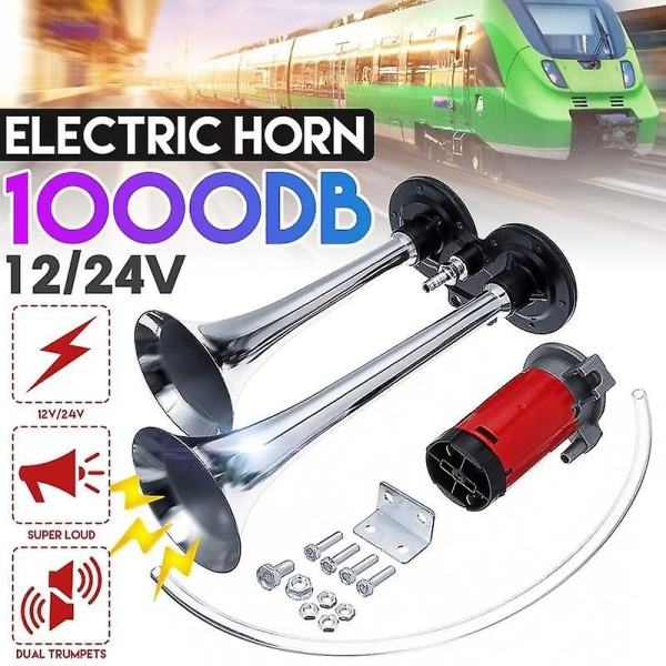 1000db Bilhorn Super Hög Dubbel Trumpet Lufthorn Kompressor 12v/24V För Bil Lastbil Båt Tåg Horn Hooter För Auto Horn-Xin