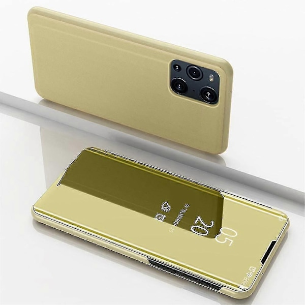 Belagt Spejl Overflade Visningsvindue Læder Telefon Cover Stativ til Oppo Find X3/x3 Pro - Sort-Xin Gold