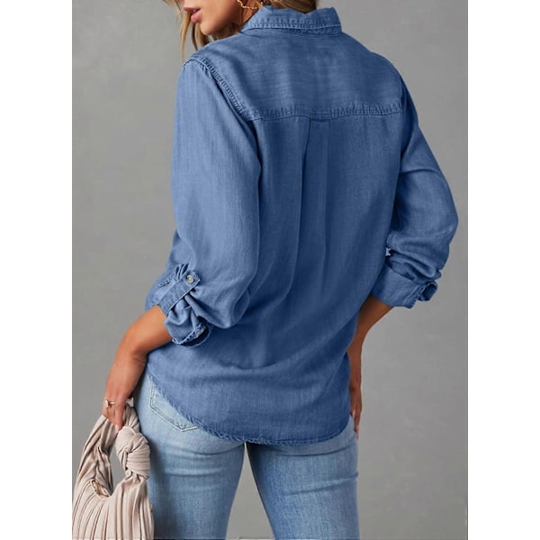 Dame Skjorte med Knapper i Denim, Casual Langermet V-Hals Chambray Bluse Topp - Xin Sky Blue Large