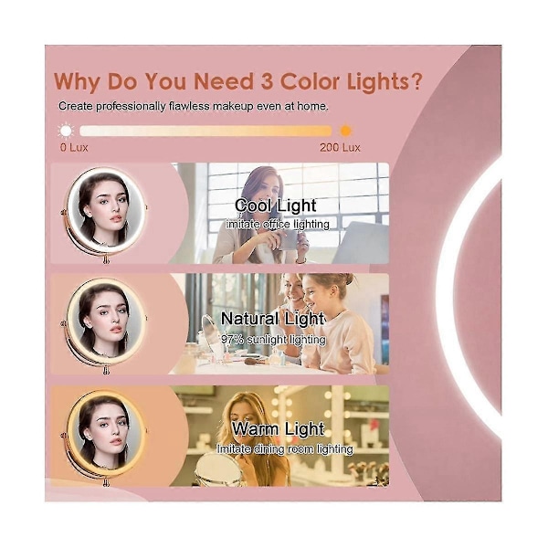 10X LED Spejl Genopladeligt Makeup Spejl, 3 Farver, Justerbar Lysstyrke Forstørret Makeup Spejl 2 Sider - C-Xin