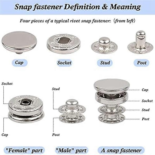 Læder Snap Fasteners Kit, 120 Sæt Metal Snap Knapper Trykknapper med 6 Indstillingsværktøjer, til Tøj-Xin