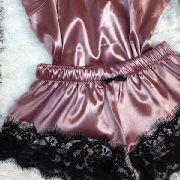 Dam Spets Siden Satin Cami Linne Shorts Pyjamas Set Sexiga Underkläder Nattkläder Sovkläder-Xin Pale Pinkish Gray XL