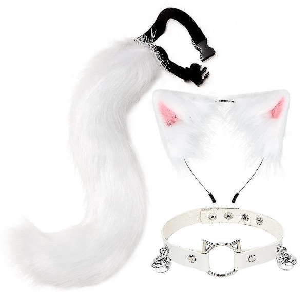 Mjuk kattöron räv svans klocka krage halsband set Halloween fest accessoarer Lolita simulering päls plysch huvudbonad rollspel rekvisita-Xin White