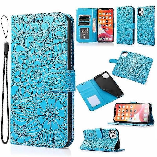 Kompatibel med Iphone 12 Skin Feel Preget Solsikke Horisontal Flip Lærveske med Holder & Kortspor & Lommebok & Lanyard-xindaren Blue