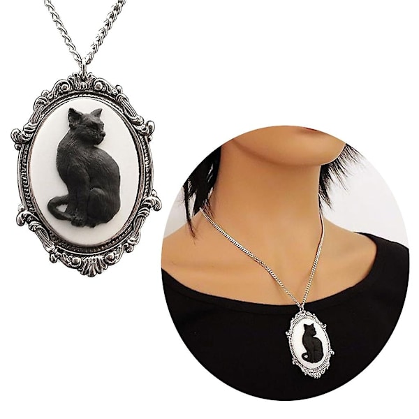 Gotisk Oval-Ram Hängsmycke Halsband Unikt Svart Katt Kameo Halsband-Mystisk-Xin Silver